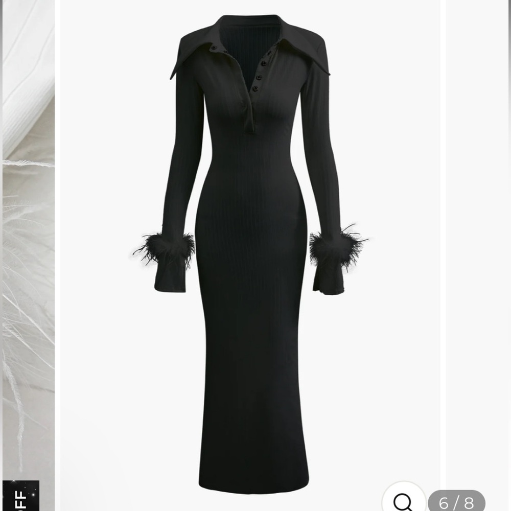 NWT Rib Knit Button Collar Fluffy Cuff Maxi Dress